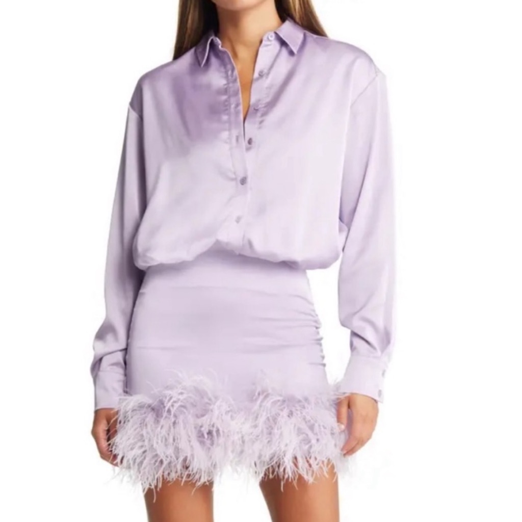 House Of Cb Purple Feather Trim Dress
